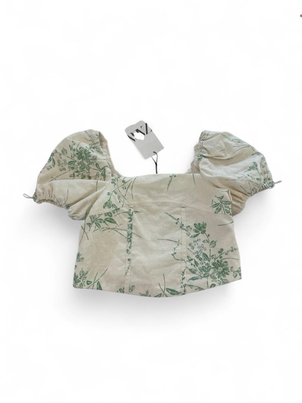 Zara Green & Ecru Floral Puff Sleeve Crop Top